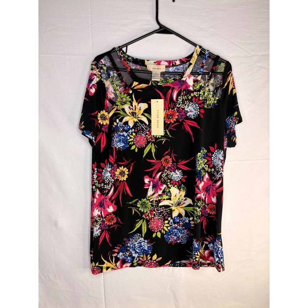 NWT Diana Belle Womens Floral Print Asymmetrical Cutout Top Black N23202B Large